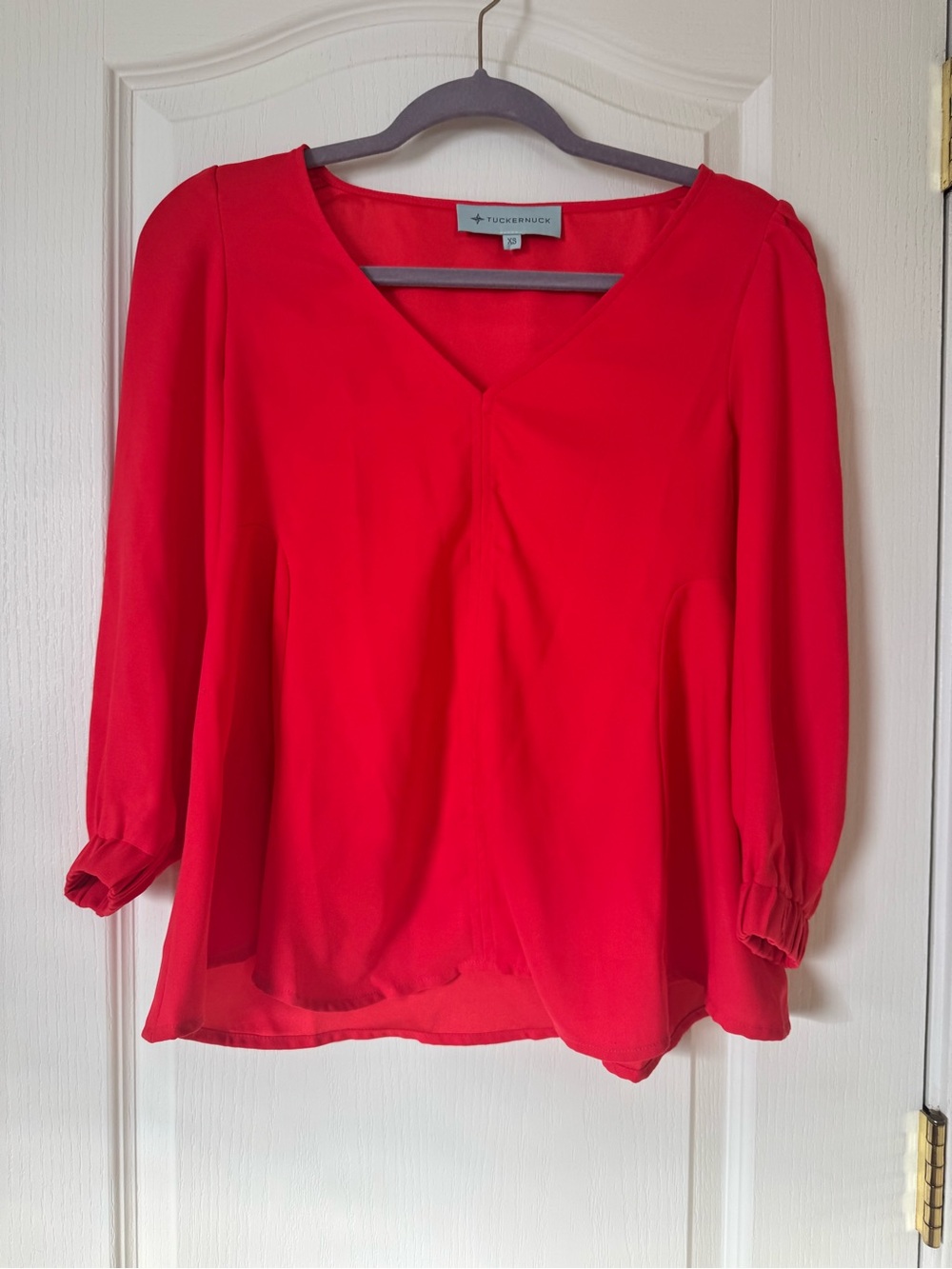 Tuckernuck Red V-Neck Blouse Puff Sleeve Top XS